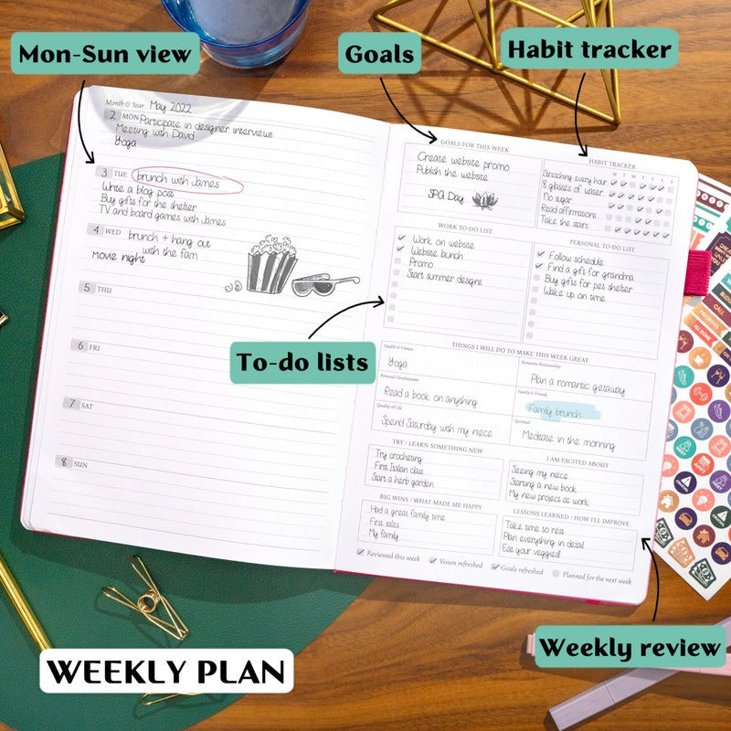 Legend Planner PRO â€“ Deluxe Weekly & Monthly Life Planner to Increase Productivity and Hit Your Goals. Time Management Organizer Notebook â€“ Undated â€“ 7 x 10" Hardcover + Stickers â€“ Hot Pink - Image 3